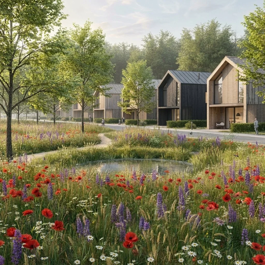 A peaceful residential community with modern wooden houses, a pond surrounded by colorful wildflowers, green trees, and walking paths.