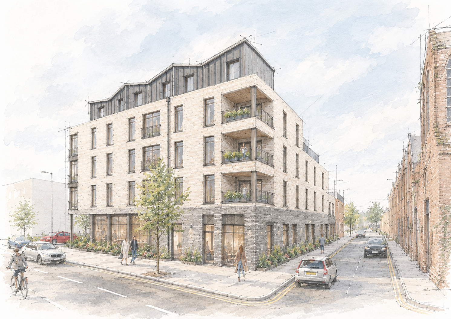 Watercolor illustration of a modern multi-story building on a city street corner with trees, cars, and pedestrians.