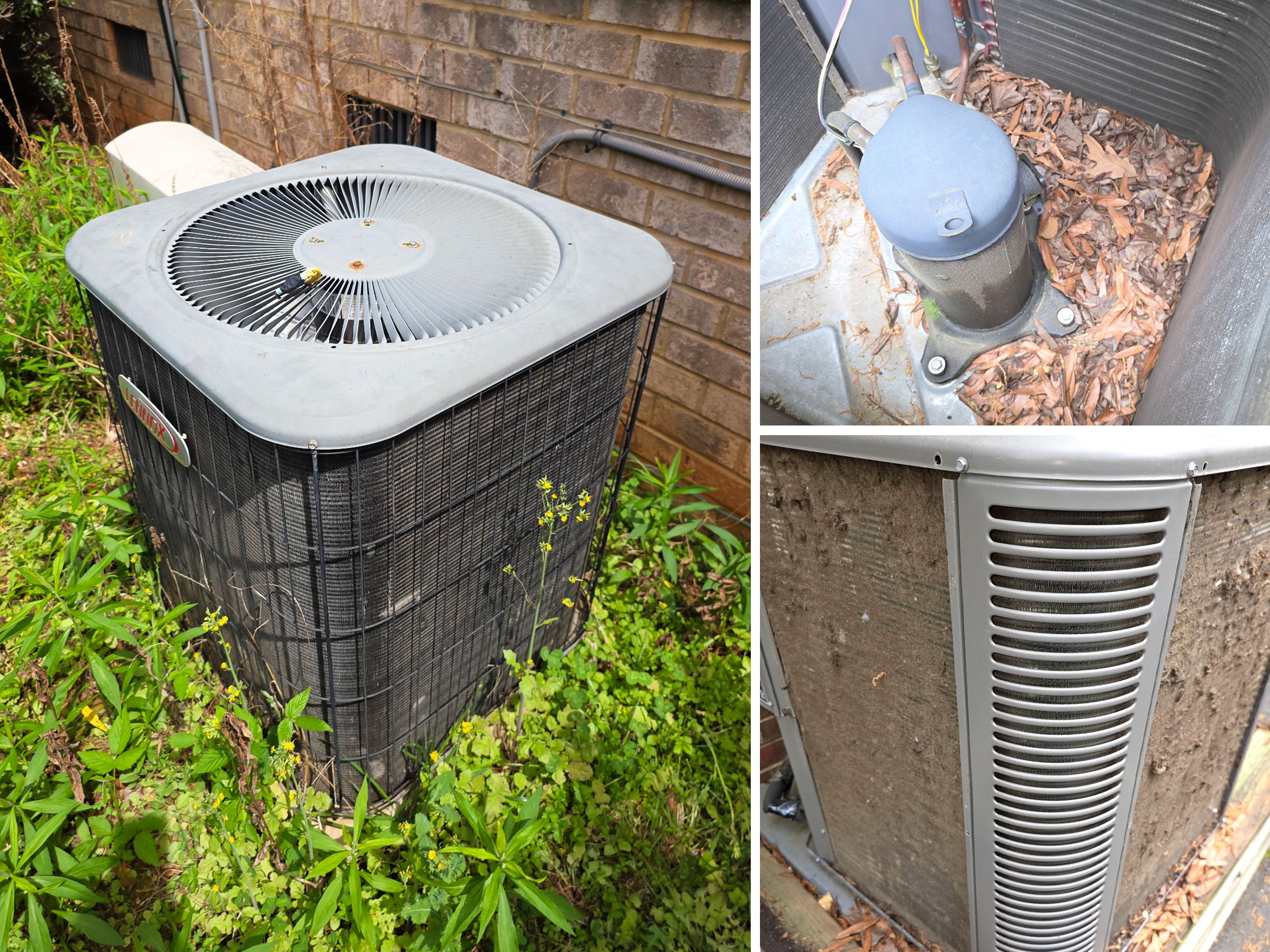 Collage of an Outside Condenser Unit covered in dirt, debris and leaves. | Erbe Air Maintenance