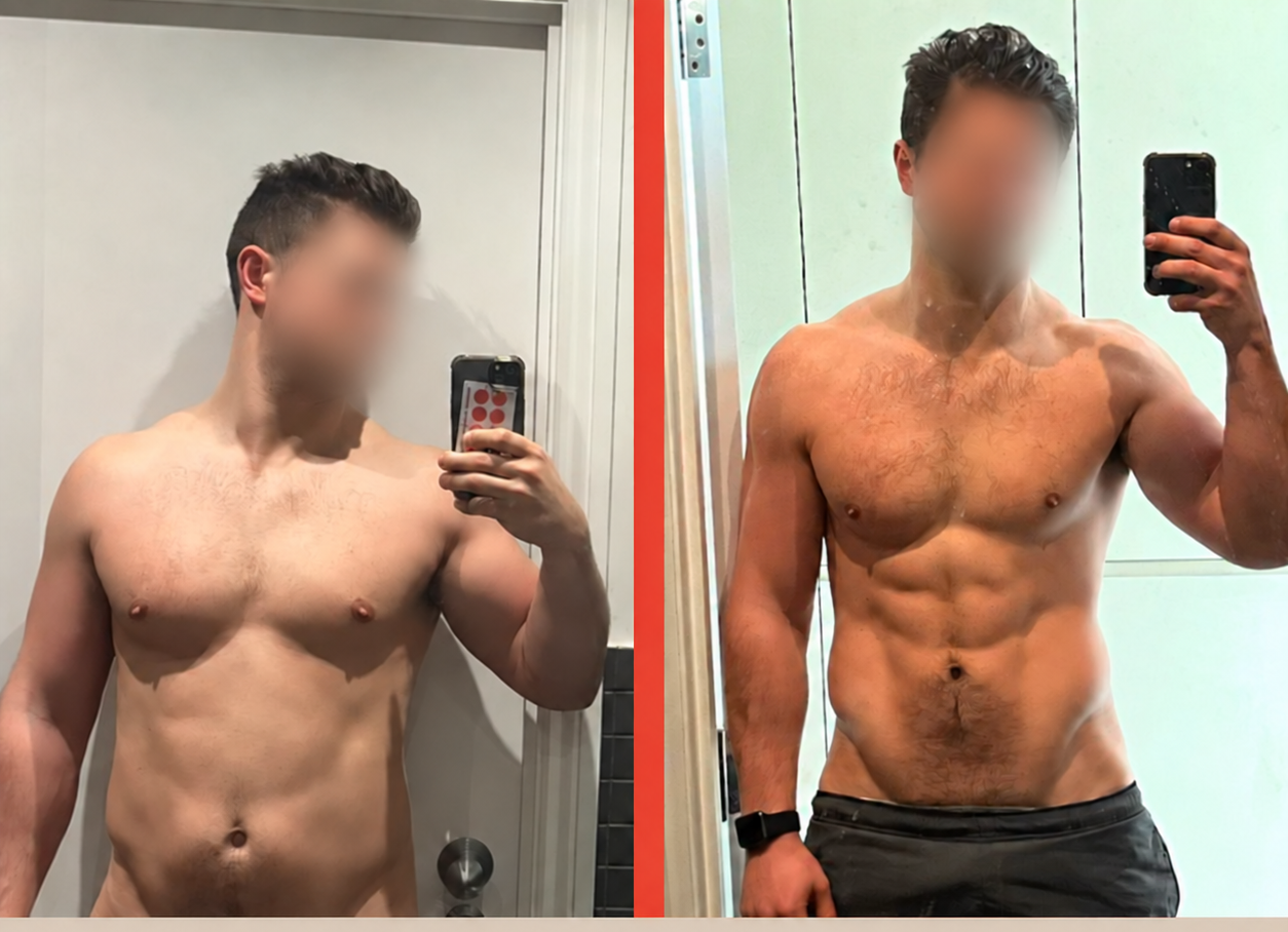Side-by-side mirror selfies of a shirtless man with blurred face, showing physical transformation, in a bathroom on the left and a gym or fitness center on the right.