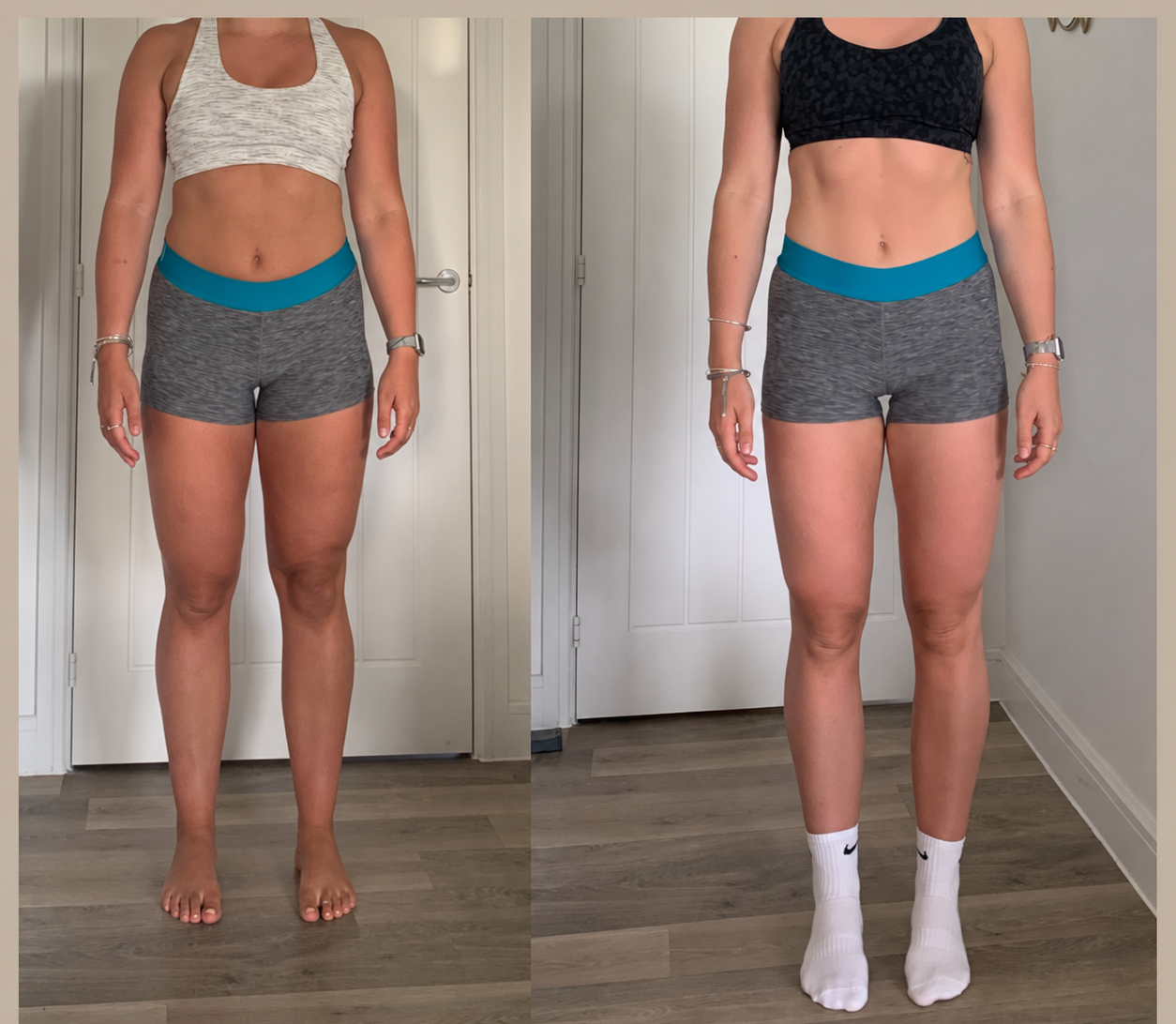 Side-by-side comparison of a woman's progress showing weight loss and muscle toning; on the left, before, she is barefoot, wearing a white sports bra and grey shorts; on the right, after, she is wearing white Nike socks, a black sports bra, and grey 