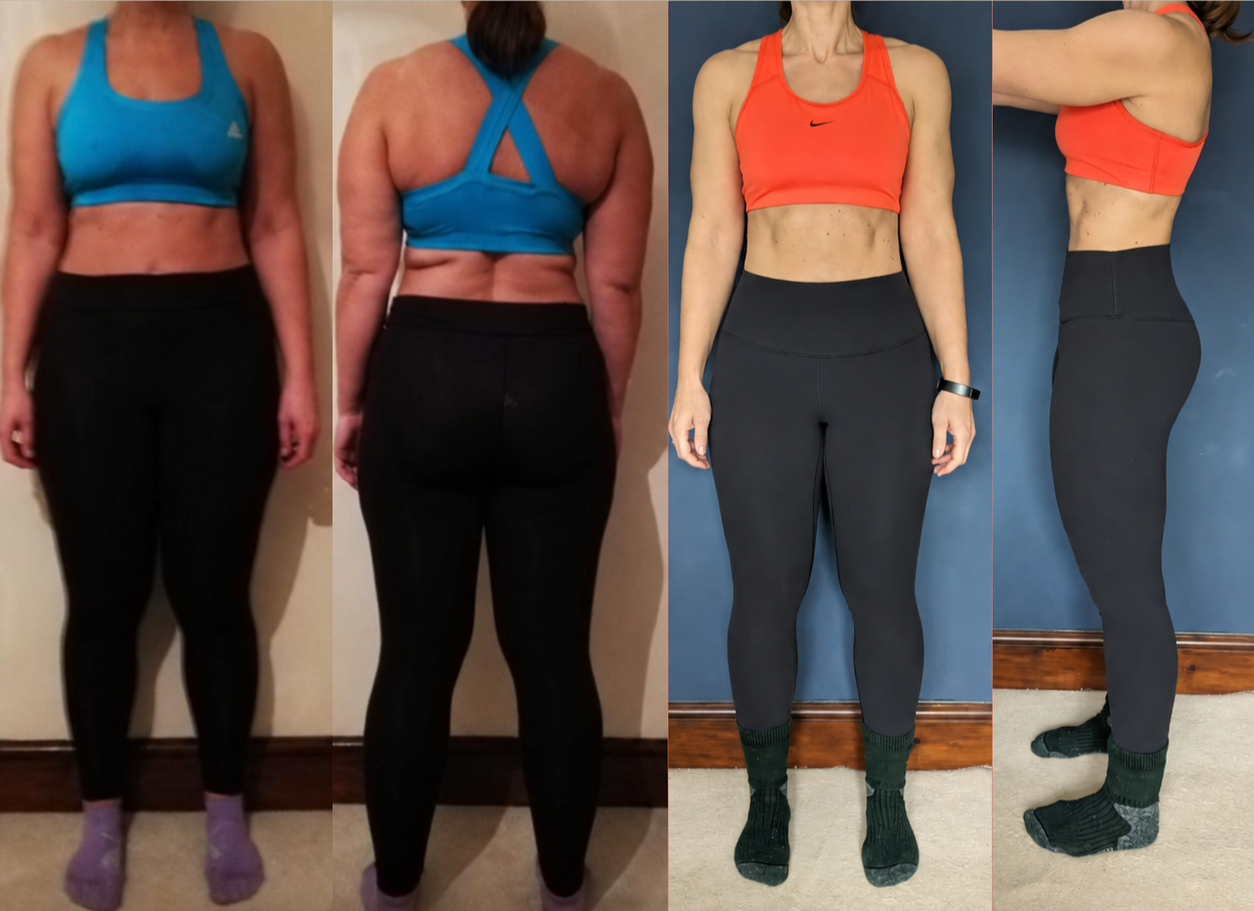Progress photos of a woman before and after fitness transformation, showing weight loss and increased muscle tone in workout clothes.