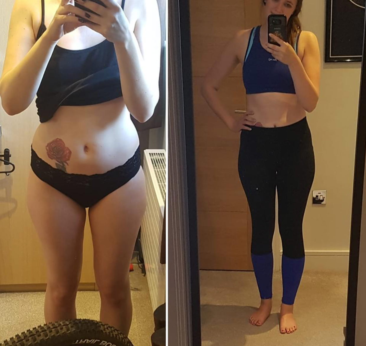Side-by-side mirror selfies of a woman showing her fitness transformation. On the left, she is in black lingerie with a tattoo of a rose on her hip. On the right, she is in a blue sports bra and black and blue leggings, smiling with her hand on her h