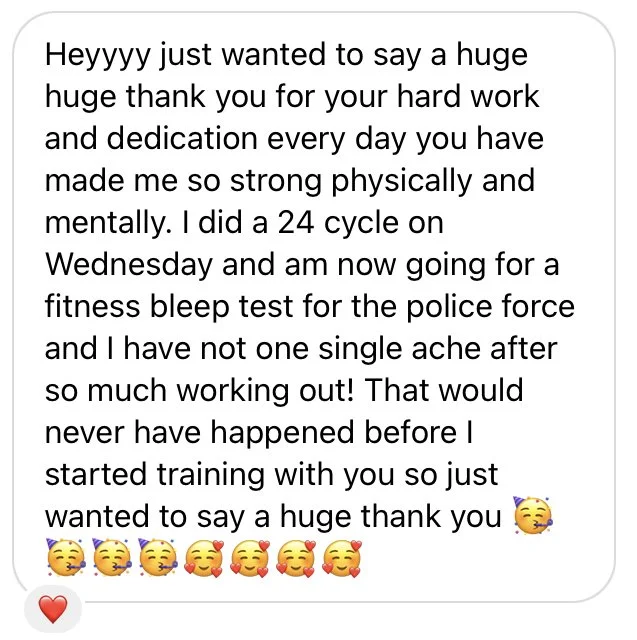Screenshot of a message thanking someone for their hard work and dedication, mentioning a fitness test and feeling strong physically and mentally, with multiple celebratory emojis and a red heart emoji.