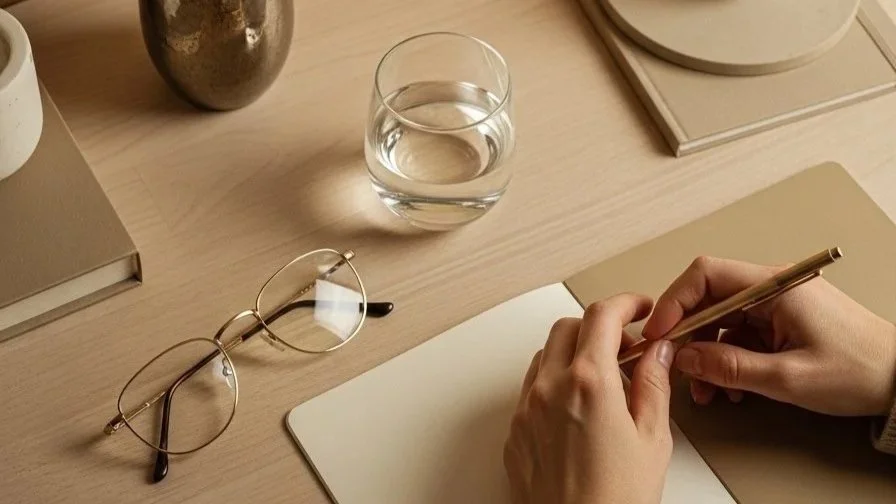 A person's hands holding a pen and writing on a notepad on a wooden desk with glasses of water, books, and decorative items.