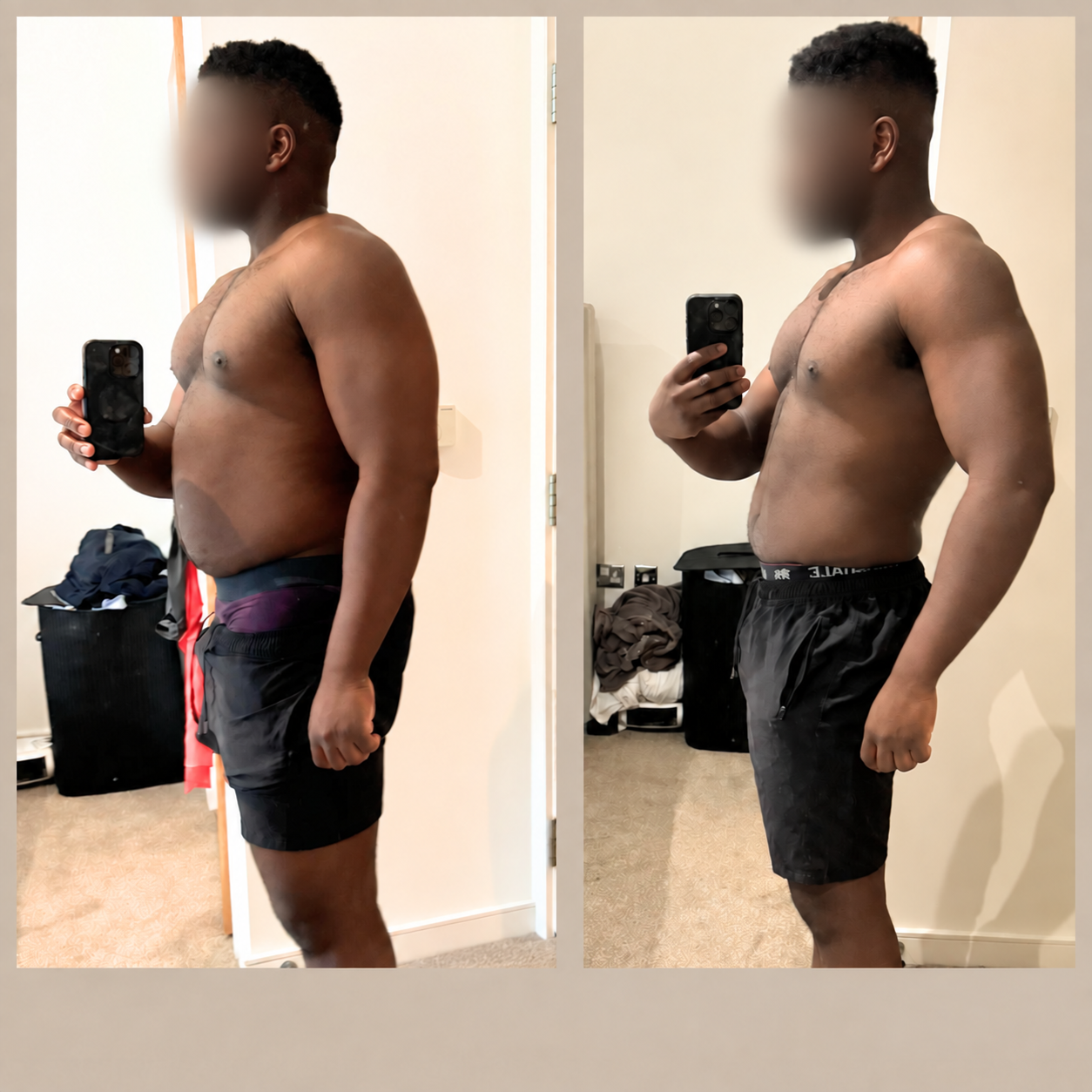 Side-by-side mirror selfies of a shirtless young man with a fit physique, dark curly hair, and wearing black shorts, showing his transformation before and after fitness progress.