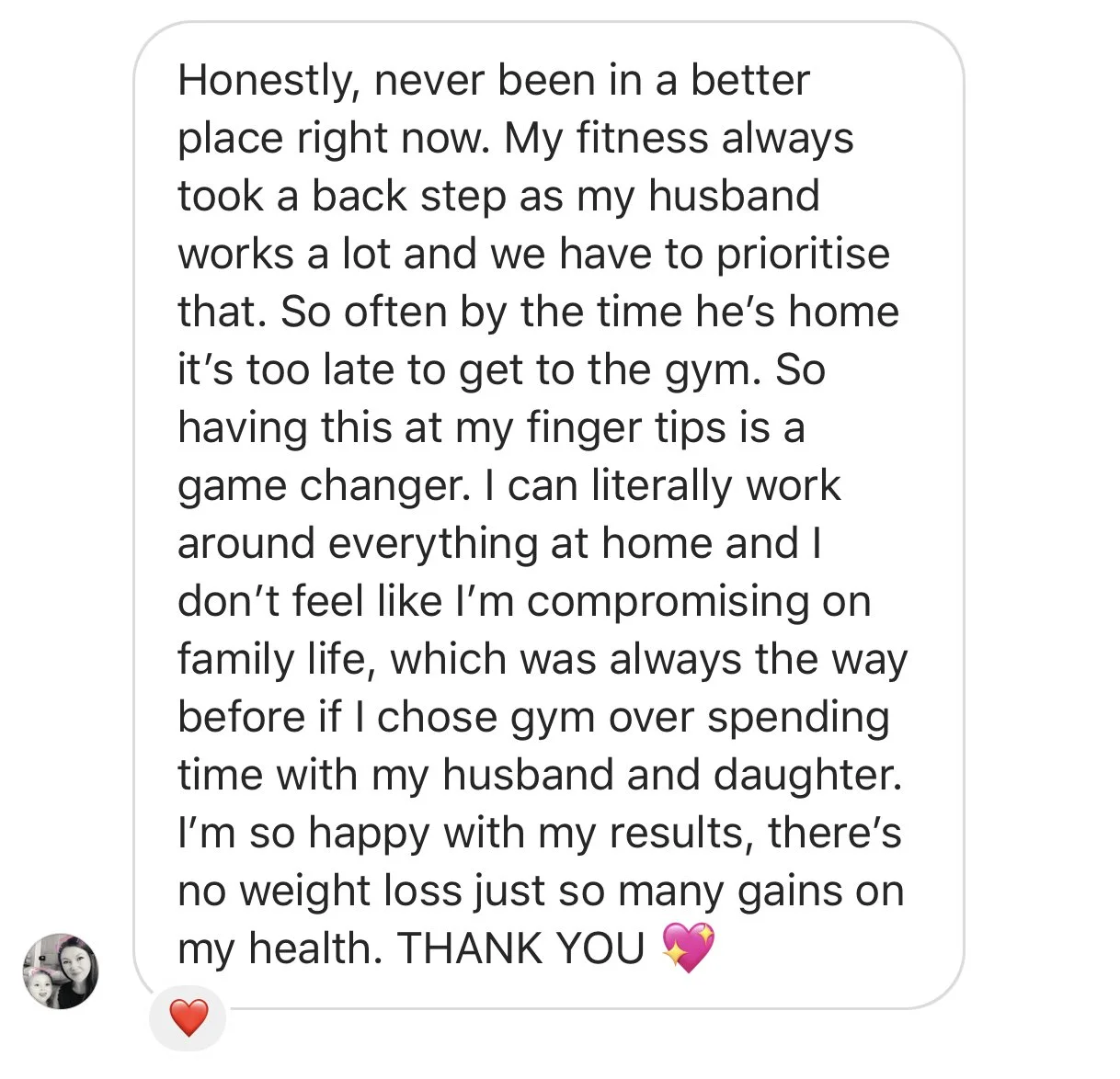 Screenshot of a person sharing a positive message about working out, family life, and health, with a small profile picture and heart emoji.