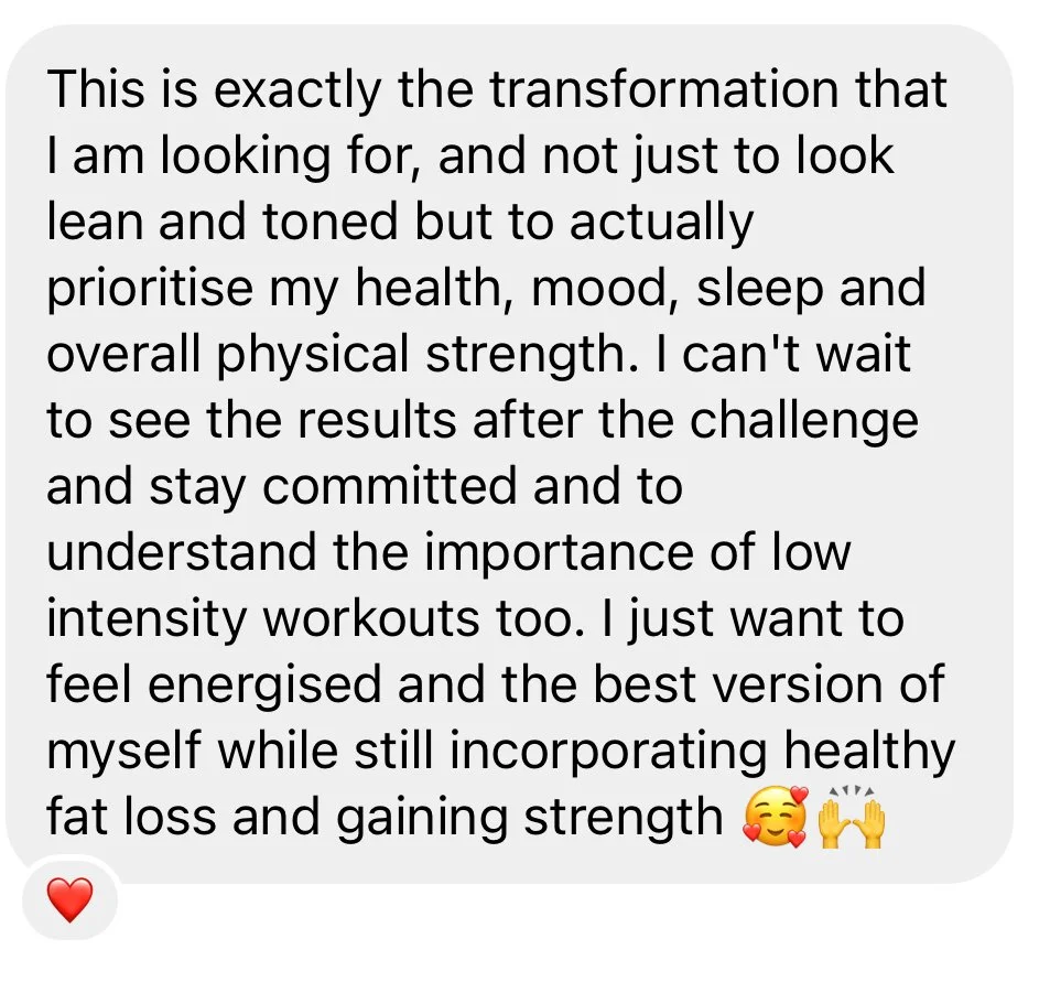 A screenshot of a message expressing the desire for a healthy body transformation through consistent low-impact workouts, emphasizing health, mood, sleep, and physical strength, with emojis including a red heart, smiling face with hearts, and raised 