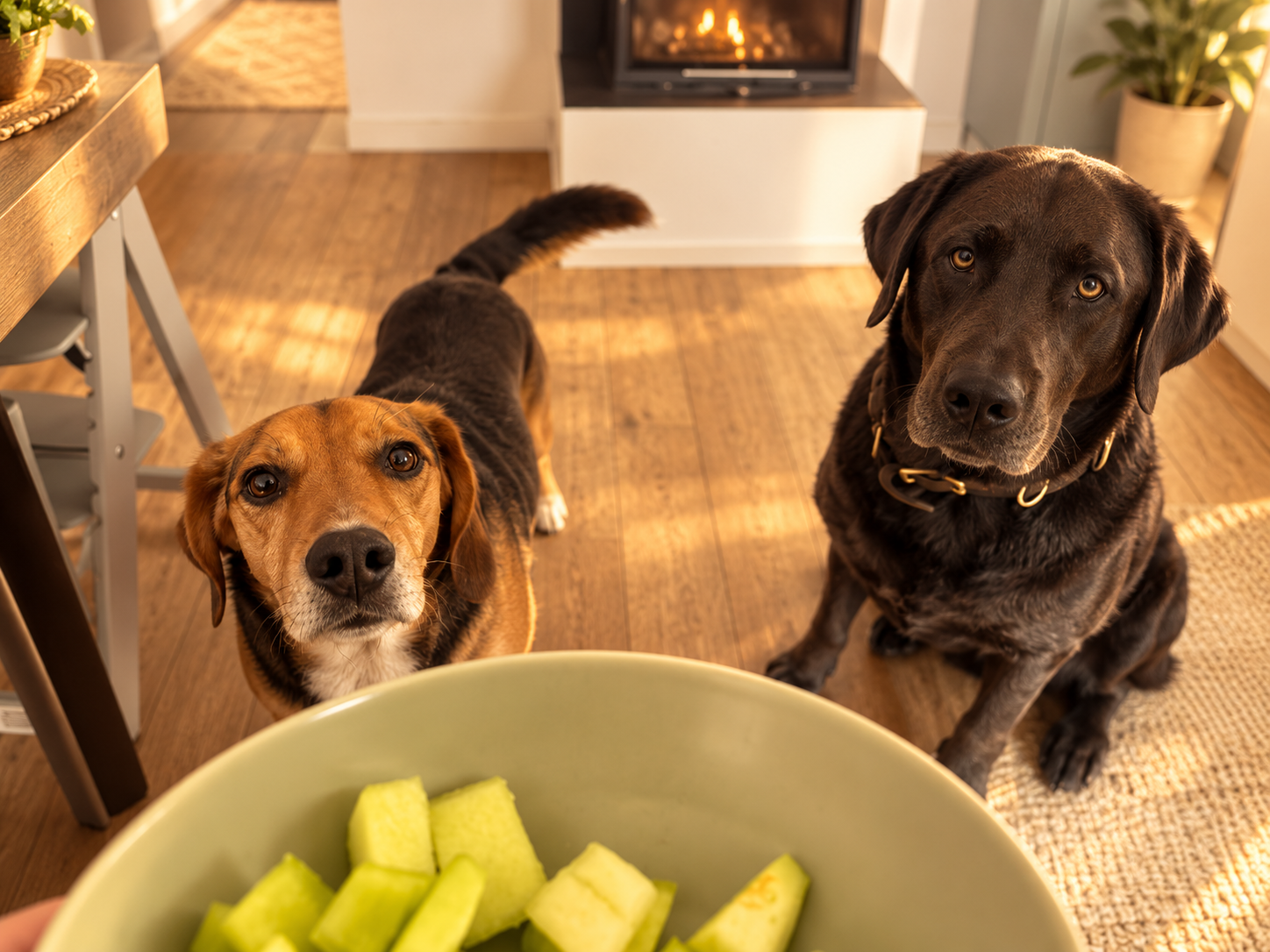 Two dogs eagerly looking at a bowl of sliced melon in a sunlit living room