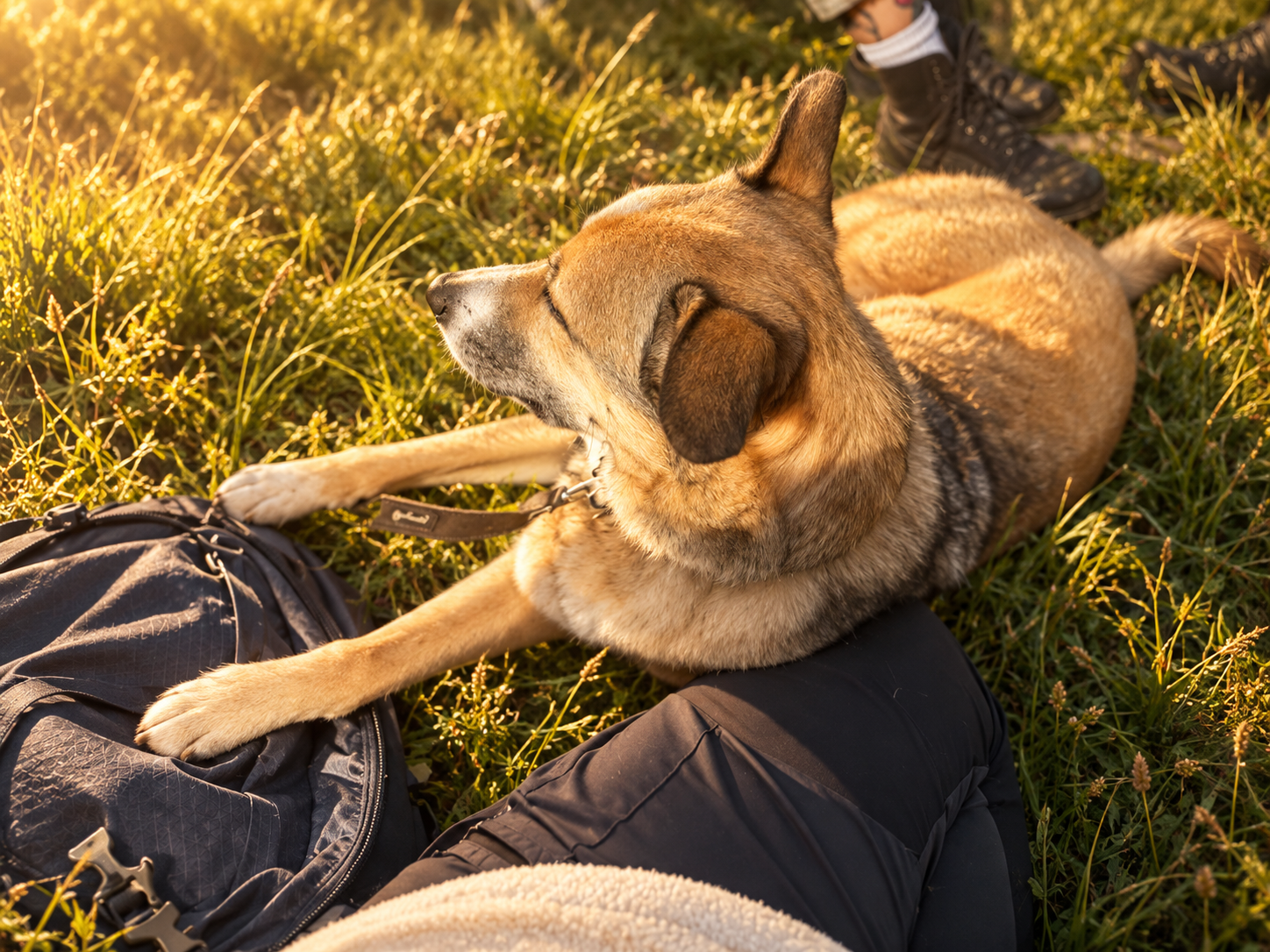 Dog lying on a person's lap in sunlit grass during an outdoor hike