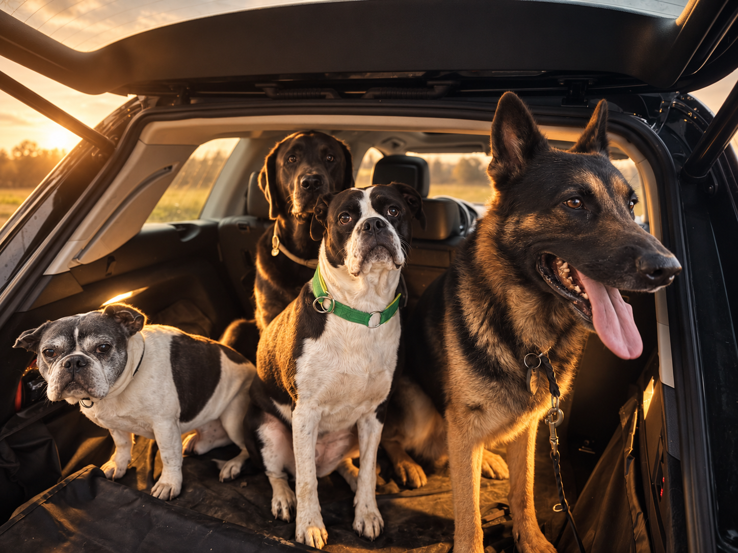 Four dogs, including a German Shepherd, Labrador Retriever, Boston Terrier, and French Bulldog, sitting in the open rear of an SUV at sunset.