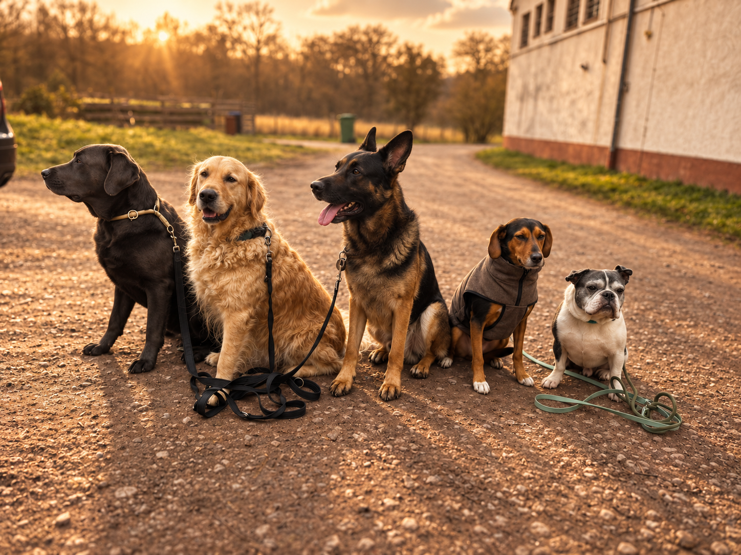 Five diverse dogs sitting on leashes outdoors at sunset, including a black Labrador, golden retriever, German shepherd, dachshund, and bulldog.