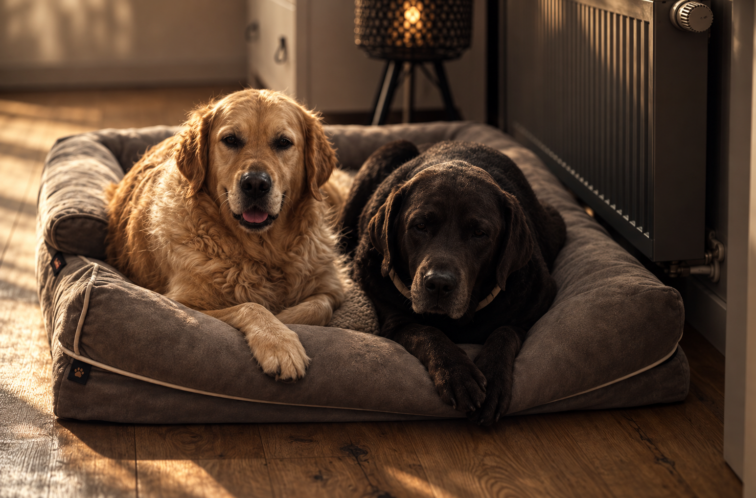 Golden retriever and black Labrador resting together in a plush dog bed by a radiator