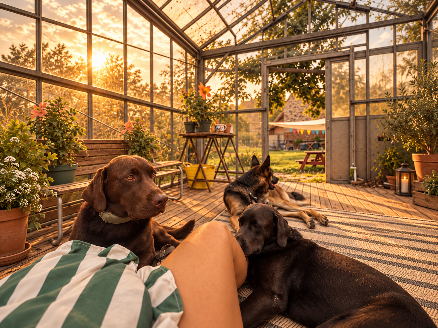 Three dogs relaxing with a person inside a sunlit greenhouse surrounded by potted flowers and plants.