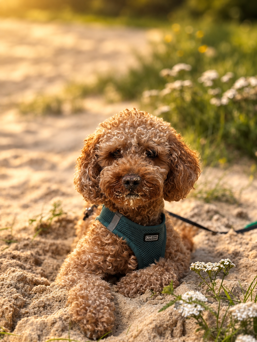 Curly-haired apricot dog wearing a teal harness, sitting on a sandy path among wildflowers.