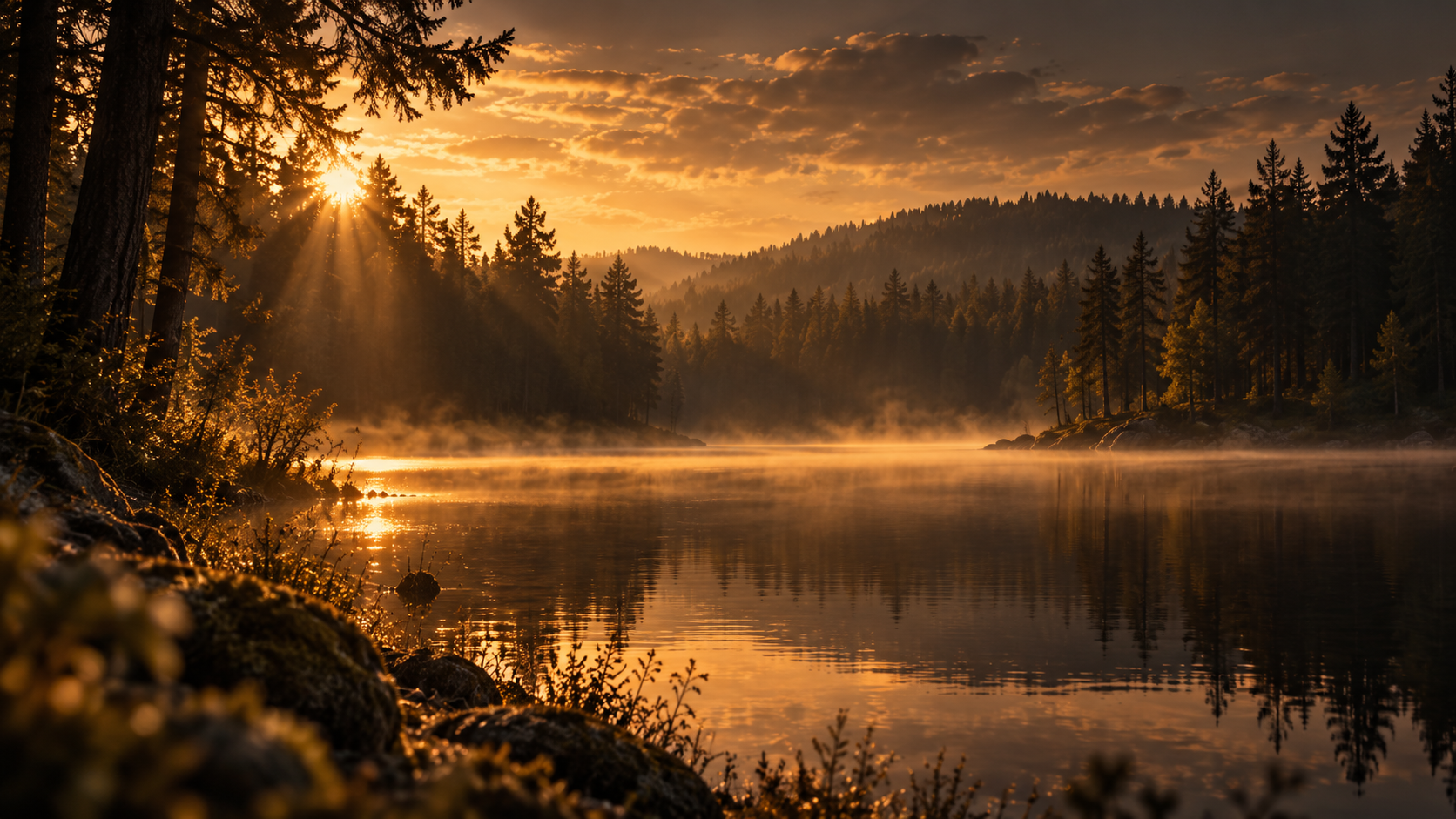 Golden sunrise over a misty forest lake surrounded by evergreen trees and wooded hills