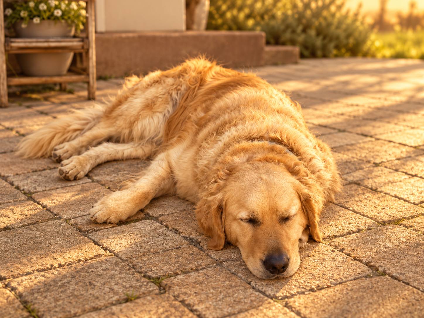 Golden retriever sleeping on a sunlit brick patio