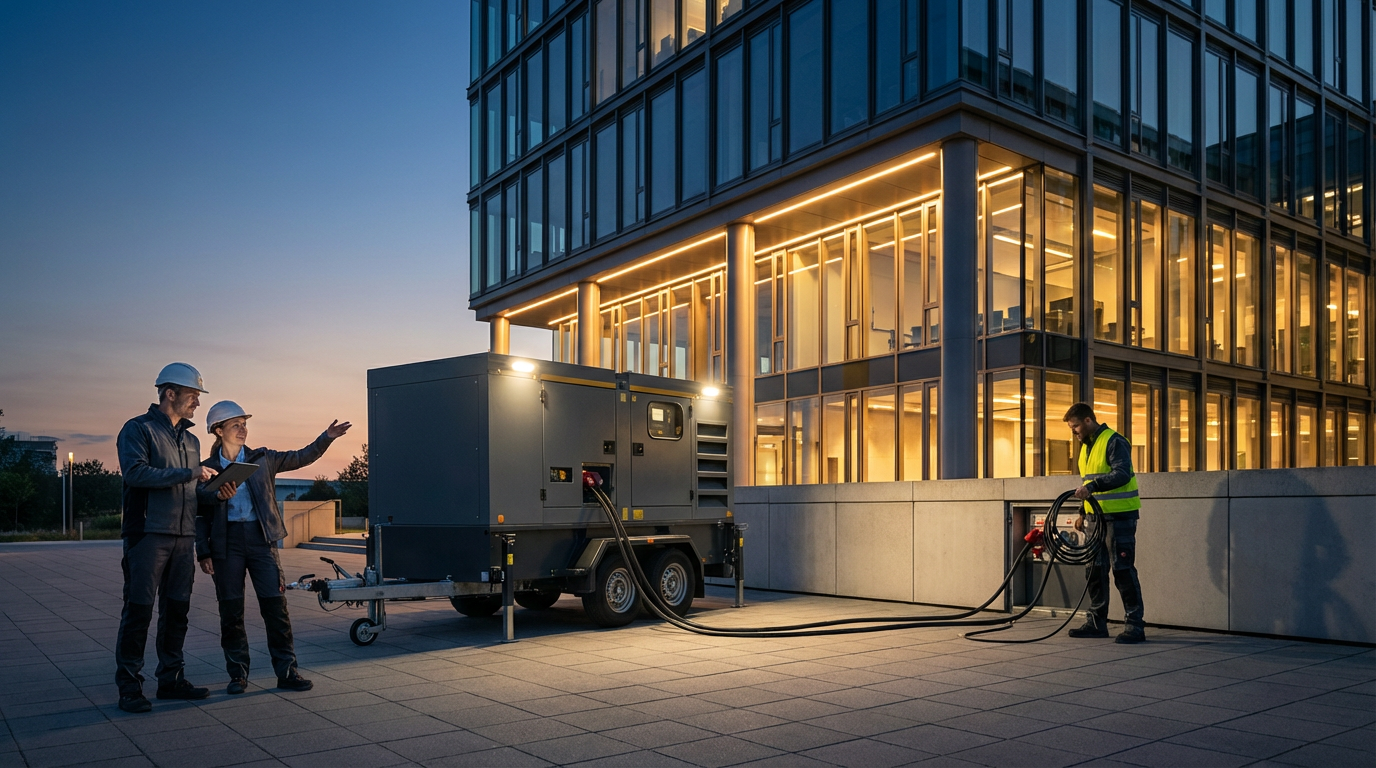 Three construction workers inspecting equipment outside a modern glass building at dusk. One worker is holding a clipboard and talking to another, while a third worker connects cables to a portable generator.