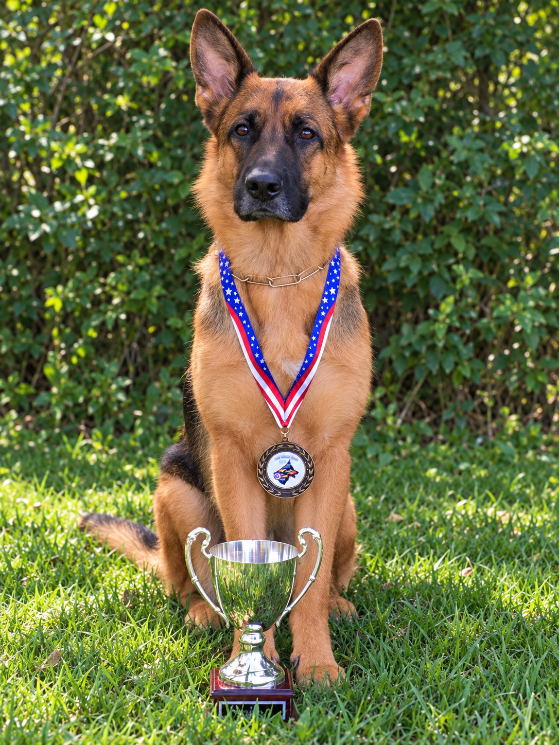 A German Shepherd dog sitting on grass with a trophy in front and a medal around its neck, outdoors with green bushes in the background.