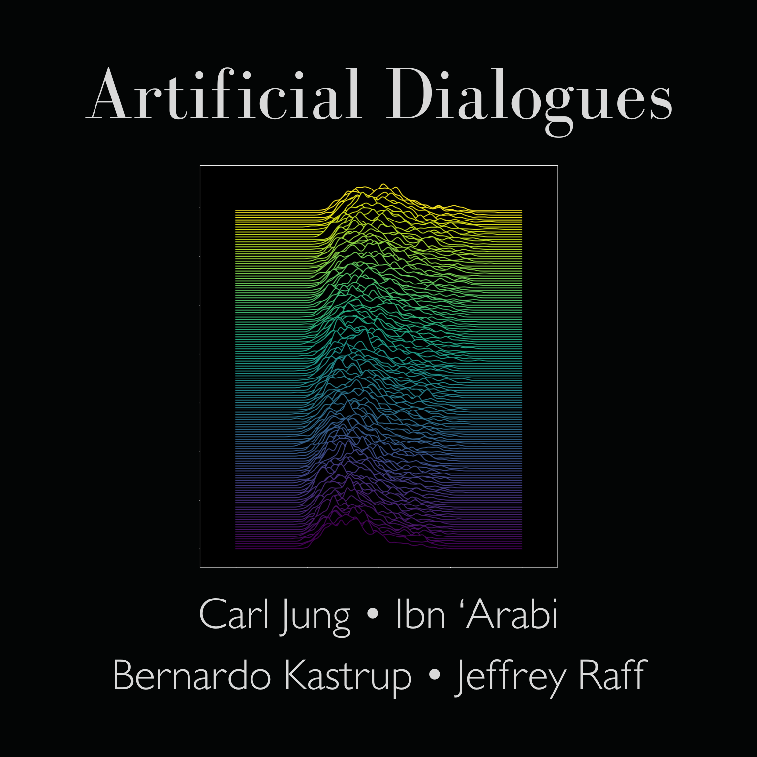 Book cover titled "Artificial Dialogues" with lines forming a mountain-like shape in vibrant rainbow colors and author names listed below.