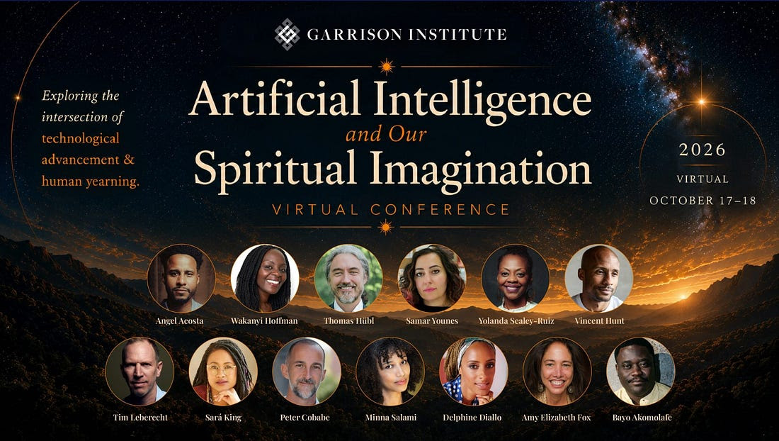 Promotional poster for Garrison Institute's virtual conference on artificial intelligence and spirituality, October 17-18, 2026, featuring speakers' portraits and names, with a starry night sky and a mountain landscape in the background.