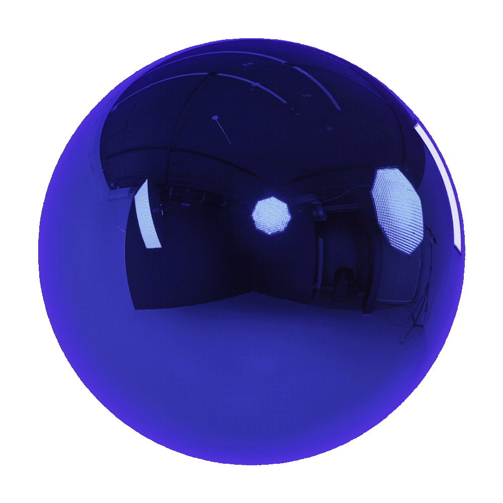 A reflective sphere with a futuristic, dark room with blue lighting, including LED panels and studio equipment.
