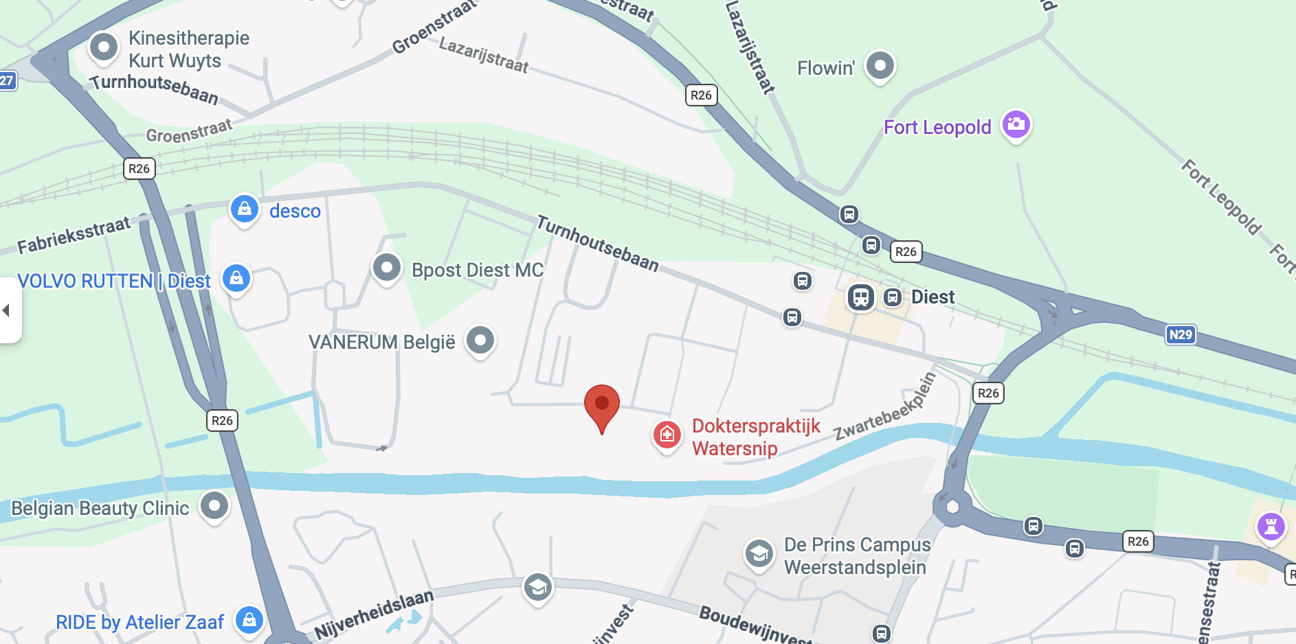 Map of the Diest area in Belgium showing roads, transportation hubs, businesses, and landmarks such as Dokterspraktijk Watersnip, Vanerum Belgique, and Fort Leopold.