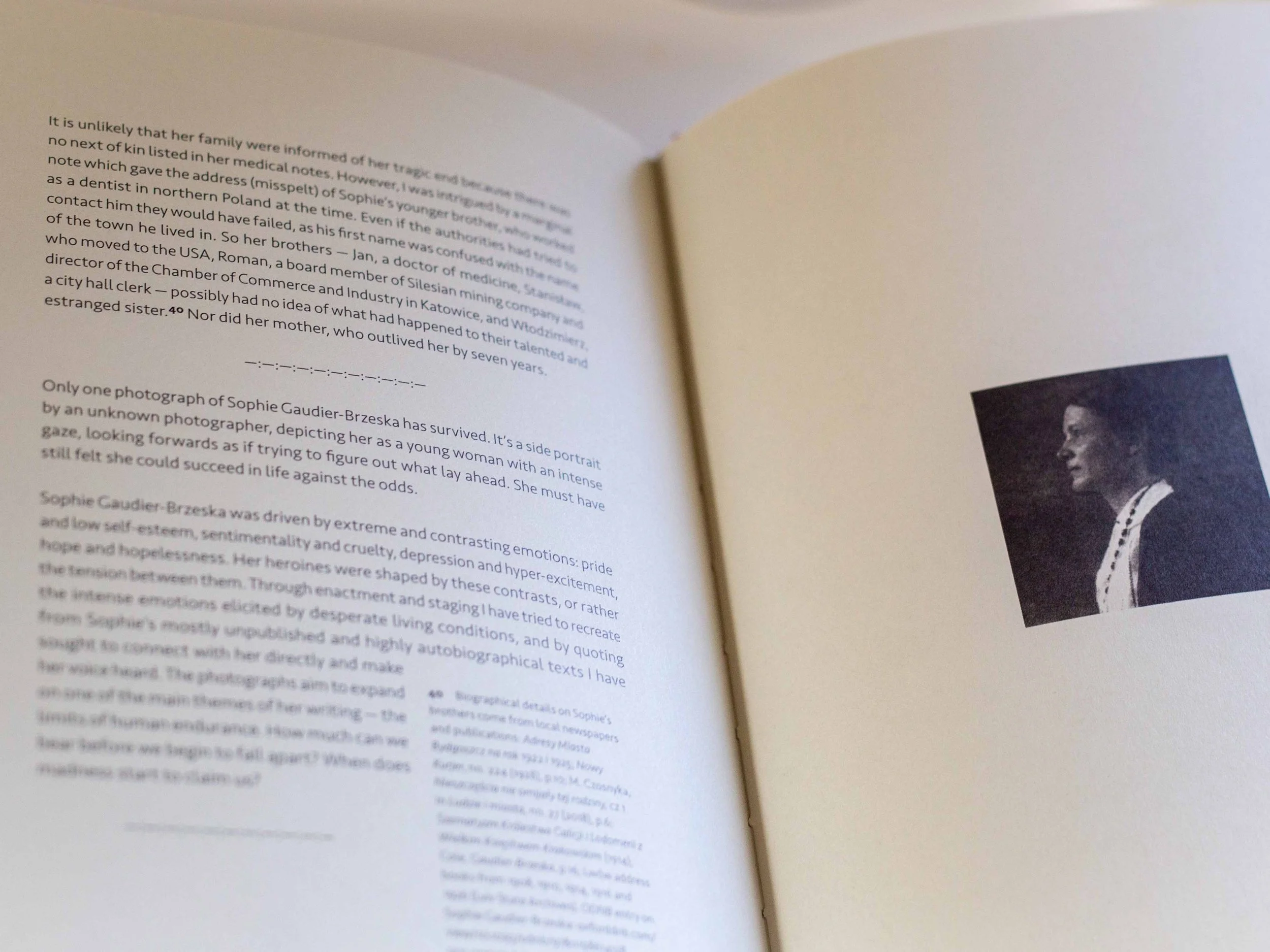 Open book showing text from Sophie’s Story alongside the surviving historical portrait of Sophie Gaudier-Brzeska.
