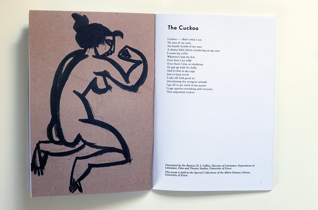 Open Sophie Gaudier-Brzeska: An Anthology showing an illustration of a seated figure alongside a page of text.