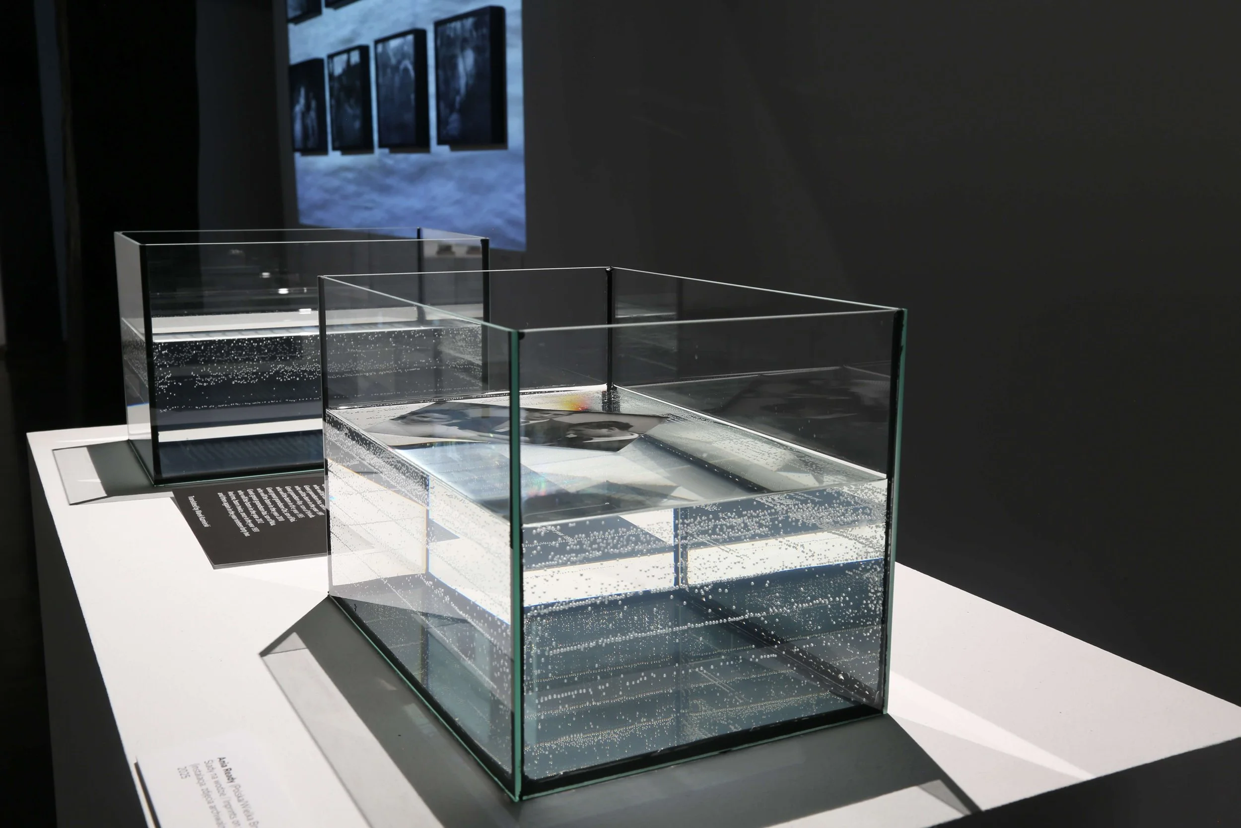 Installation view of Imprints on Water by Ania Ready, showing two transparent glass water tanks containing archival material.