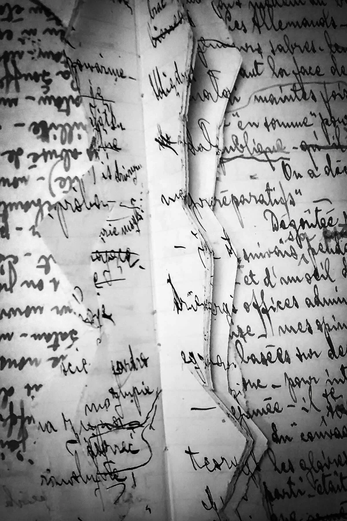 Detail of First Draft of a Novel by Ania Ready, showing a female figure surrounded by layers of handwritten text.