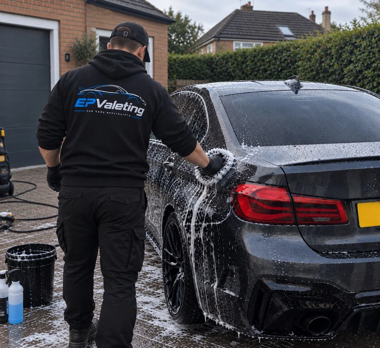 A person washing a black car with soap and sponge in a driveway, wearing a black hoodie with blue and white text that reads 'EP Valeting Car Care Specialists.'