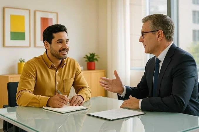 Joint venture attorney consulting client in office meeting