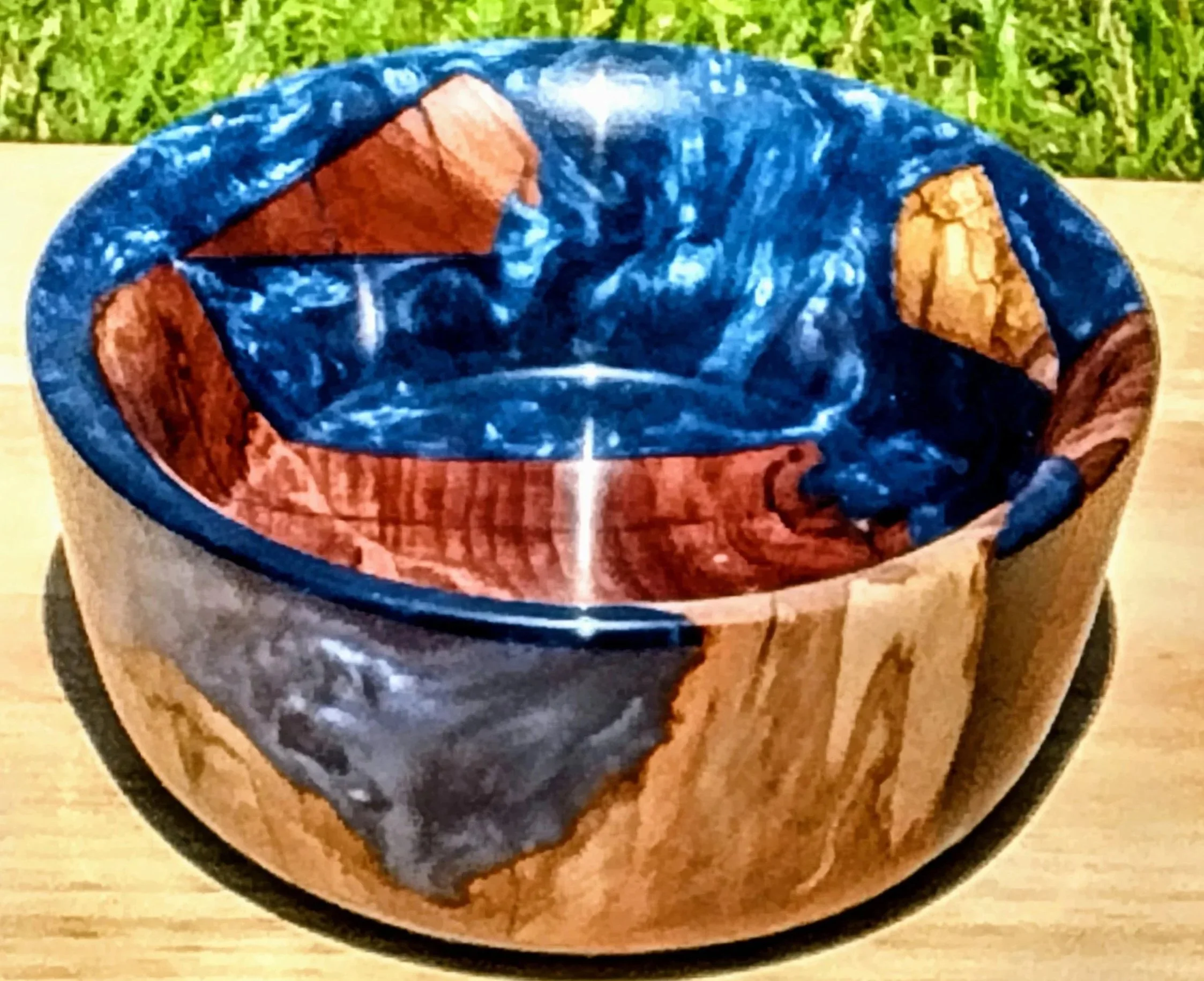 Handcrafted wood and blue resin art bowl by Art by Herb.