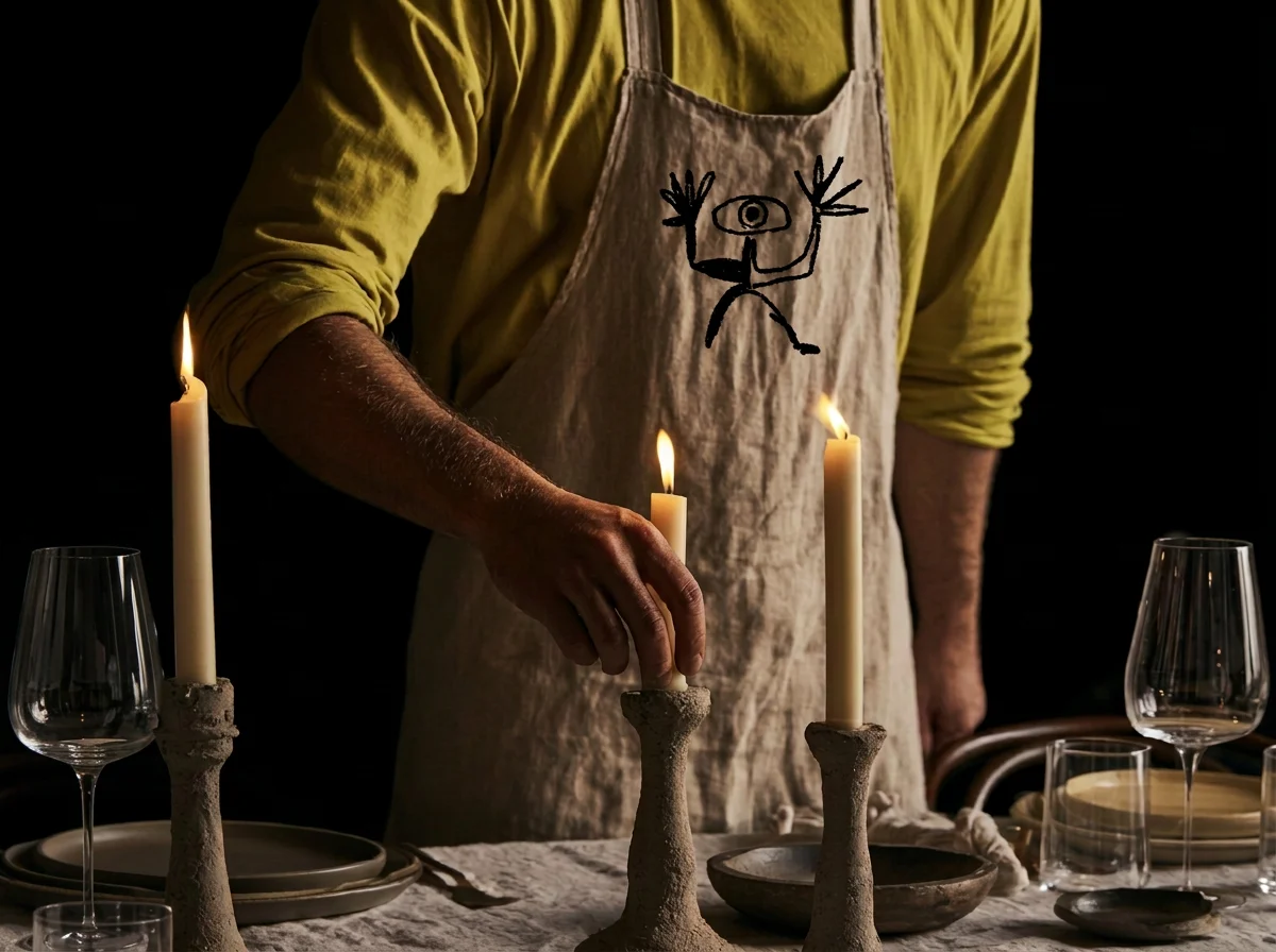 A person wearing a yellow shirt and a beige apron with a black abstract eye and figure drawing, lighting candles on a dinner table with glassware and plates in a dimly lit setting.