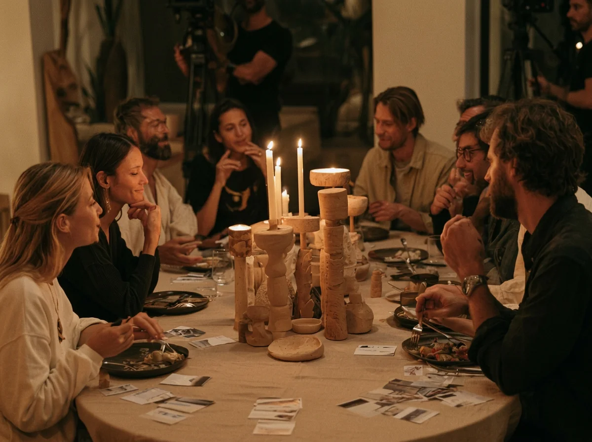 A group of people are sitting around a dining table enjoying a meal. The table is decorated with a centerpiece of wooden sculptures and lit candles. Some people are smiling and engaged in conversation while others are eating.