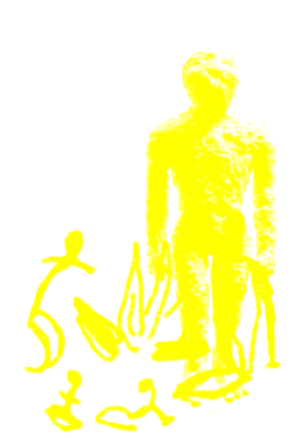 Silhouette of a person standing with four smaller figures around them, all in yellow against a black background.
