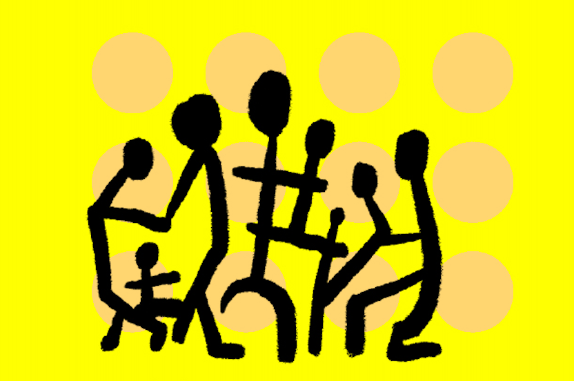 Illustration of five black, stick-figure people sitting around a table with a plant in a pot, set against a yellow background with light pink circles.