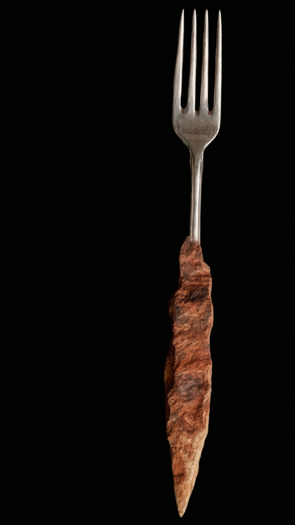 A metal fork with a rustic, bark-like handle against a black background.