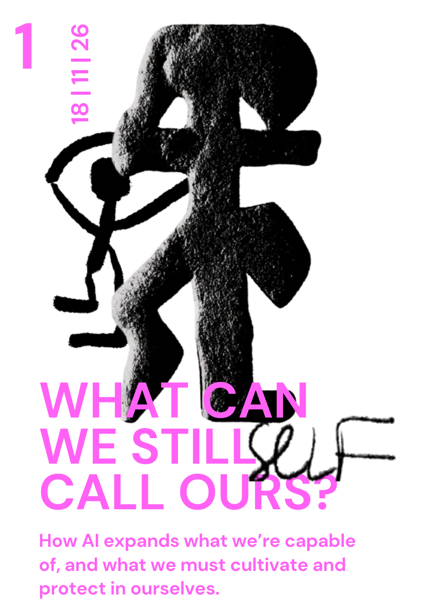 A black and white artistic illustration of a human face profile combined with a stylized figure, overlaid with text in pink that reads "WHAT CAN WE STILL CALL OUR?" and smaller pink text that says "How AI expands what we're capable of, and what we must cultivate and protect in ourselves." The image also includes a vertical list of numbers from 18 to 26 on the left side.