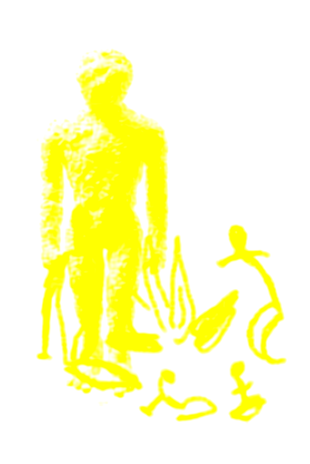 Yellow silhouette of a stone figure next to a hand drawn illustration of a cavemen around a fire.