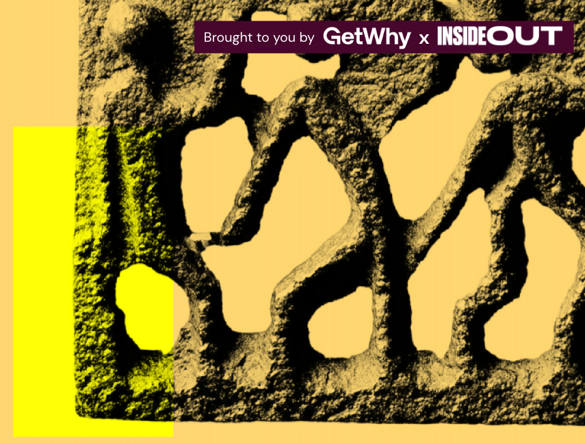 Close-up of a leaf with holes, labeled as part of a collaboration between GetWhy and INSIDEOUT.