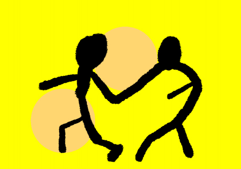 Two stick figures dancing against a yellow background with peach-colored circles.