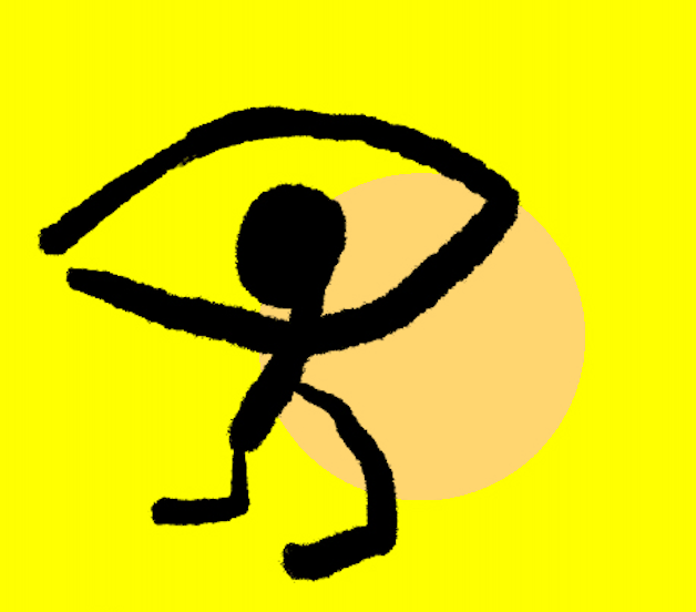A simple, cartoon-like drawing of a person holding a large eye over their head with a yellow background and a beige circle behind the person.