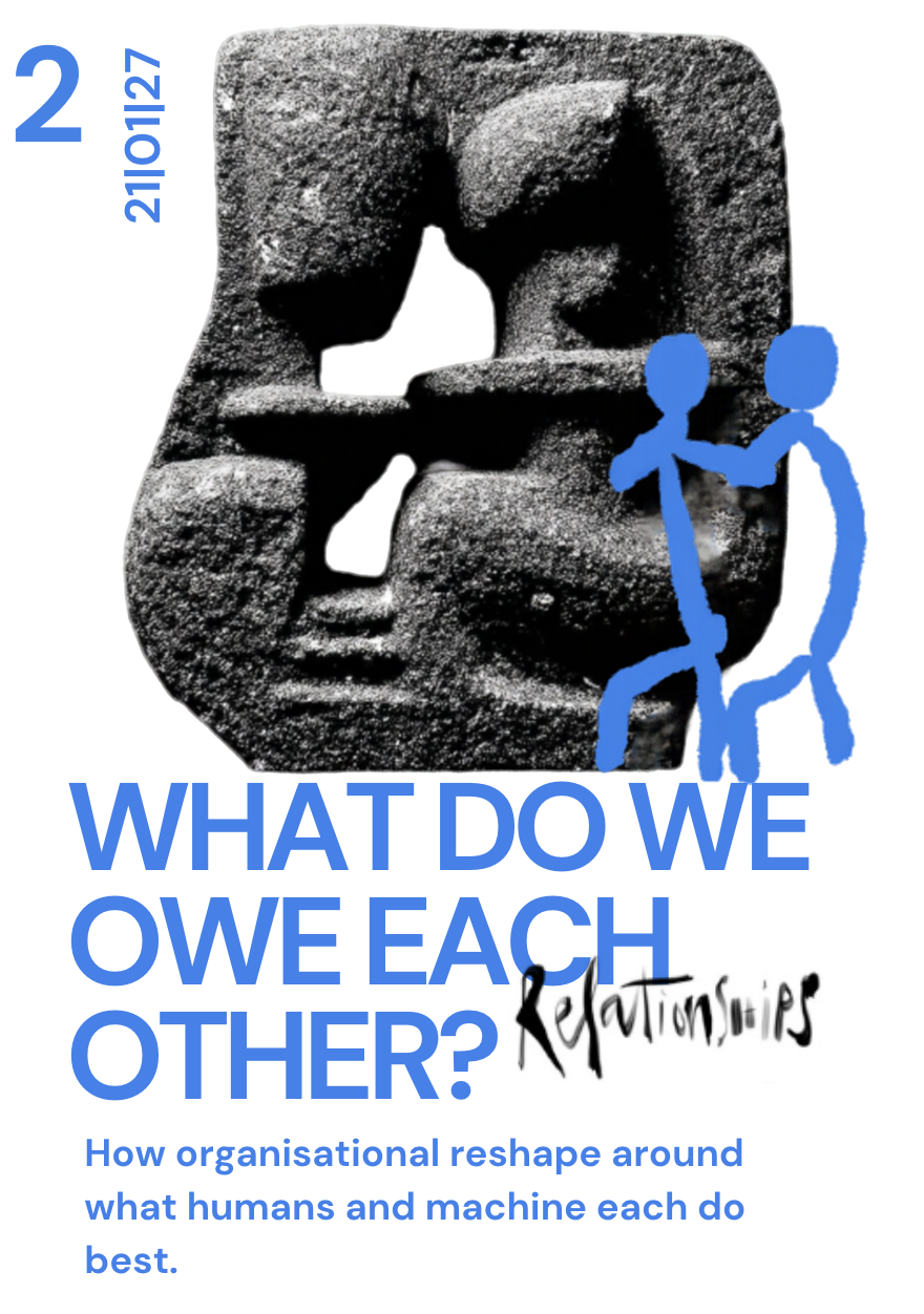 Cover of a publication titled "What Do We Owe Each Other?" featuring an abstract stone sculpture of a face and two blue stick-figure people holding hands, with the subtitle "How organizational reshape around what humans and machine each do best."