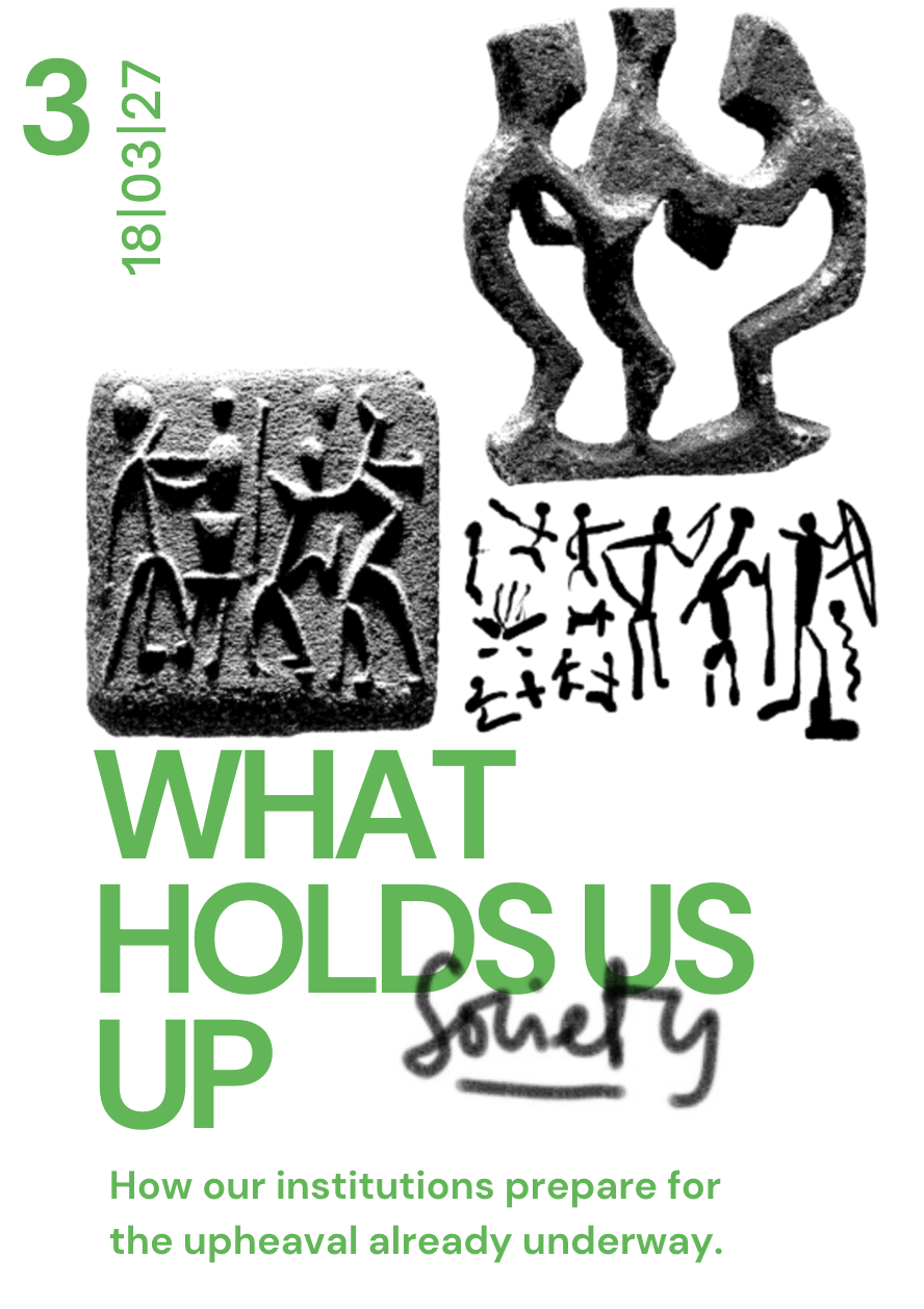 A book cover titled "What Holds Us Up" with imagery of ancient carvings and hieroglyphs depicting human figures and symbols.