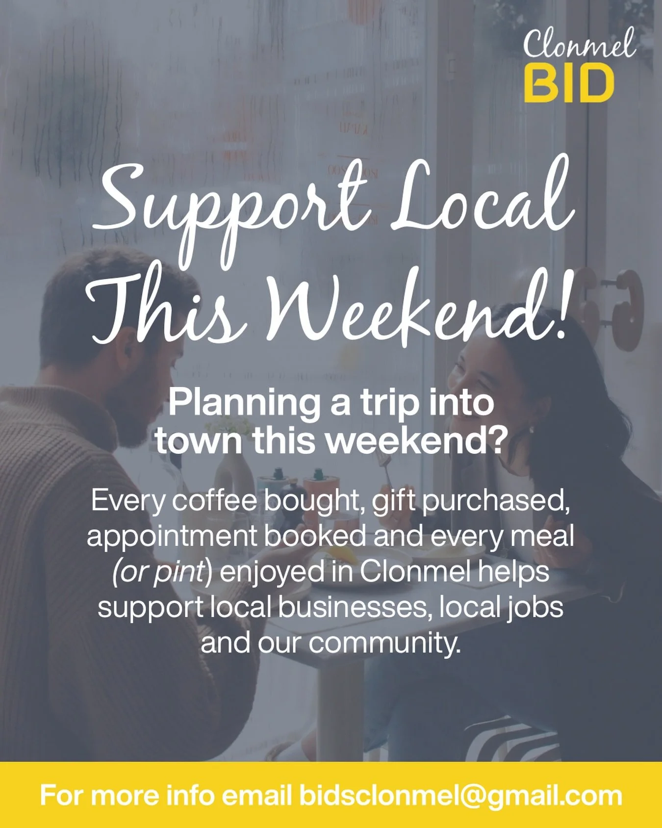 Your weekend starts in Clonmel! 

Everything you need for a great weekend can be found right here in Clonmel. 

Support the businesses that support our community and discover what&rsquo;s on your doorstep 🙌🏻

Shop, Eat, Enjoy Local 🤍

#ClonmelBID 