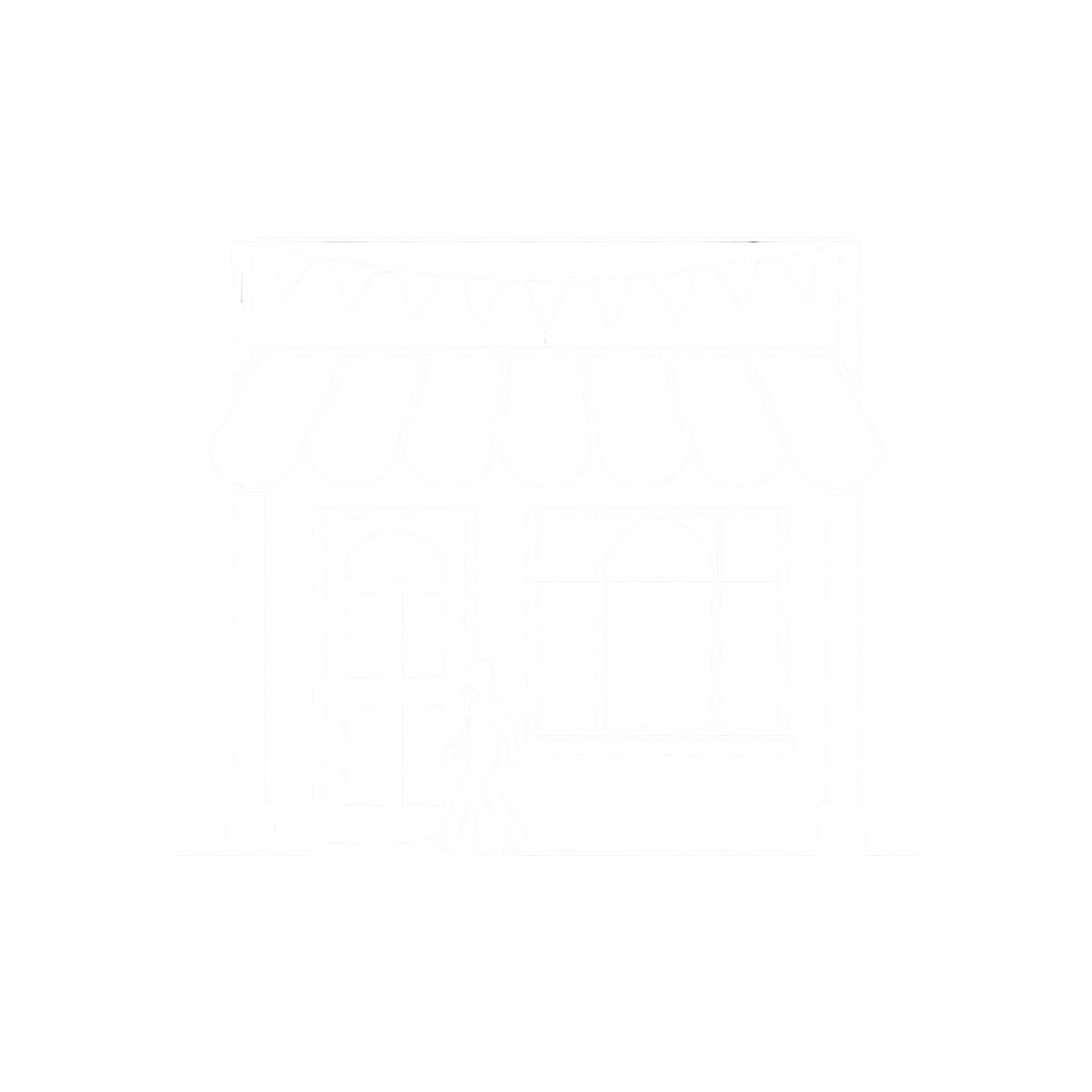 Line drawing of a small outdoor café with a man standing outside, a girl seated at a table, and a dog nearby, with an awning overhead.