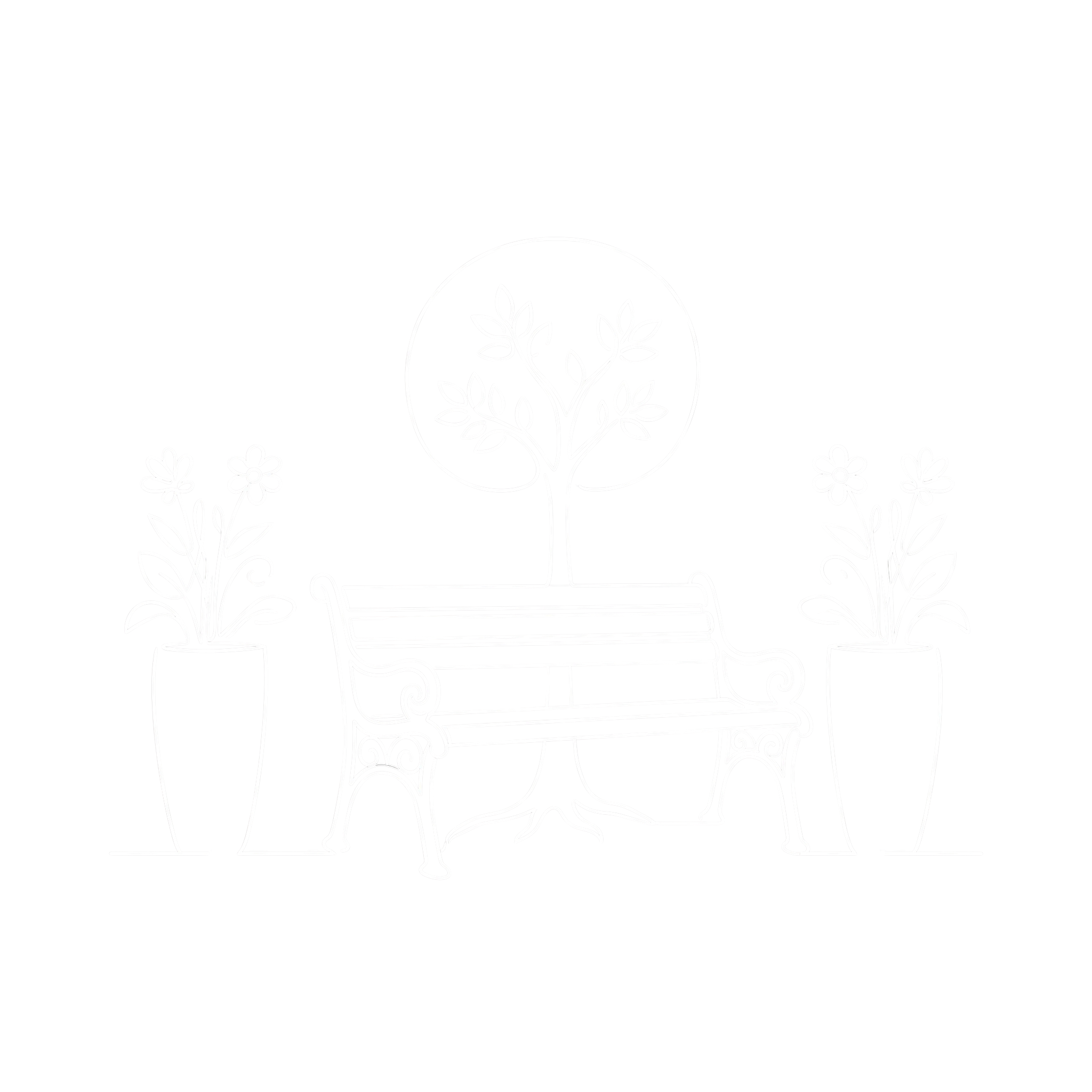 Outline drawing of a decorative outdoor table with potted plants, flowers, and a circular ornament.