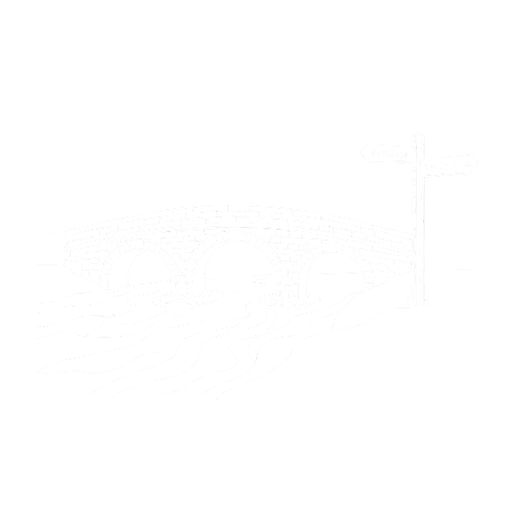 Line drawing of a stone bridge over water with a signpost showing directions to village and castle ruins.